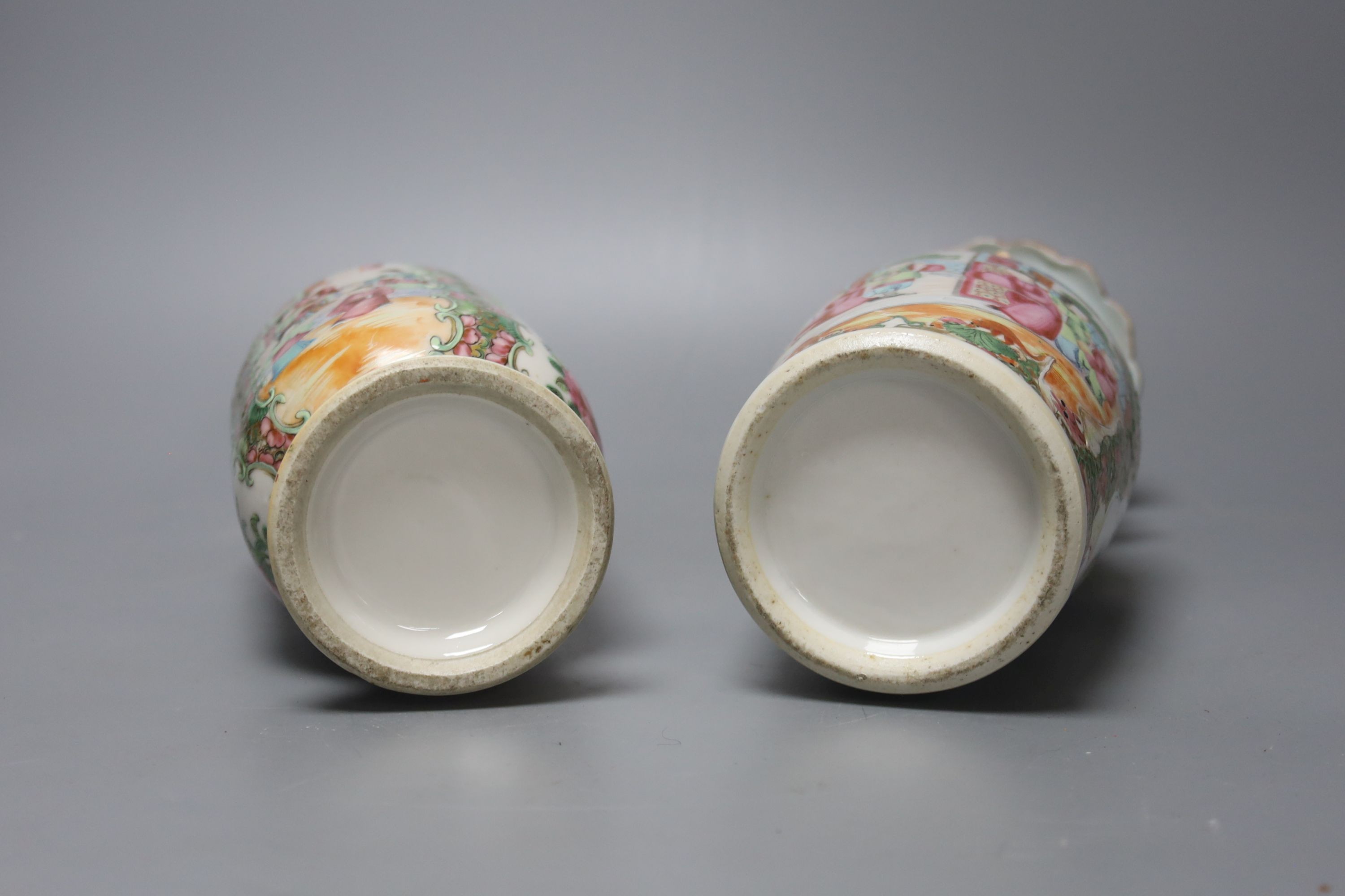 Two Chinese famille rose vases, late 19th century, tallest 26 cm, one wood stand, some restoration